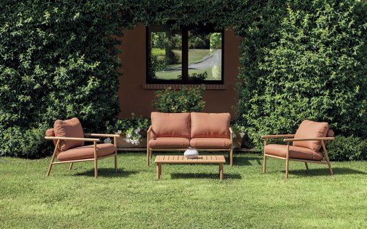 CARTAGENA zestaw wypoczynkowy ogrodowy aluminium efekt drewna czerwone poduszki