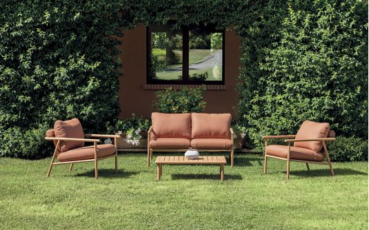 CARTAGENA zestaw wypoczynkowy ogrodowy aluminium efekt drewna czerwone poduszki