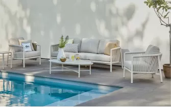 BORA BORA Zestaw ogrodowy wypoczynkowy z sofą 3‑osobową, fotelami i stolikami z aluminium jasnobeżowy