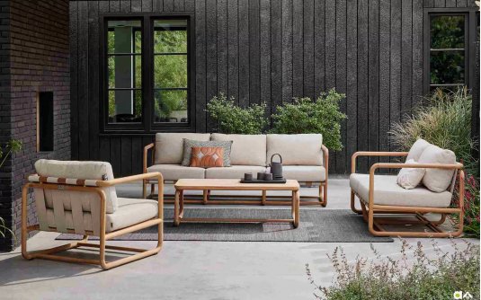DOLCE LOUNGE Zestaw wypoczynkowy na taras z teaku z sofą 2‑ lub 3‑osobową i poduszkami All Weather j