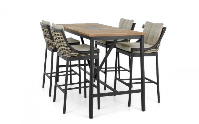 Zestaw barowy ogrodowy MILOU czarny aluminiowy / technorattan / drewno teak dla 4 osób 