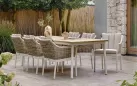 Zestaw ogrodowy jadalniany z aluminium z technorattanem i blatem teakowym dla 6 osób – kolekcja MILO białokremowy