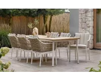 Zestaw ogrodowy jadalniany z aluminium z technorattanem i blatem teakowym dla 6 osób – kolekcja MILO białokremowy