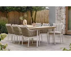 Zestaw ogrodowy jadalniany z aluminium z technorattanem i blatem teakowym dla 6 osób – kolekcja MILO białokremowy