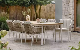Zestaw ogrodowy jadalniany z aluminium z technorattanem i blatem teakowym dla 6 osób – kolekcja MILO białokremowy