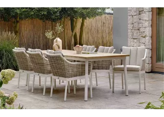 Zestaw ogrodowy jadalniany z aluminium z technorattanem i blatem teakowym dla 6 osób – kolekcja MILO białokremowy