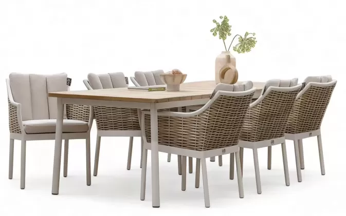 Zestaw ogrodowy jadalniany z aluminium z technorattanem i blatem teakowym dla 6 osób – kolekcja MILO