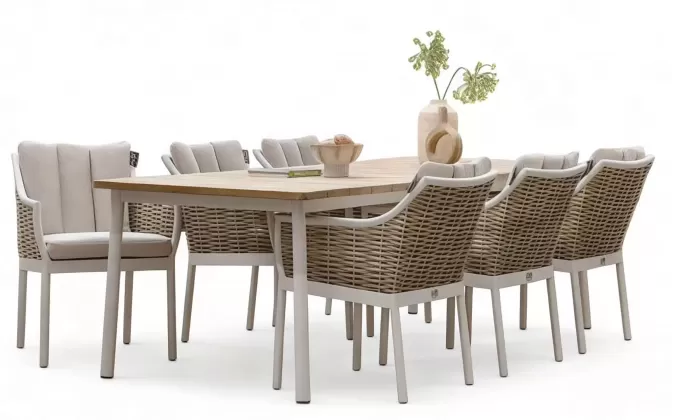 Zestaw ogrodowy jadalniany z aluminium z technorattanem i blatem teakowym dla 6 osób – kolekcja MILO