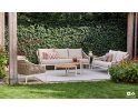 Białokremowy zestaw wypoczynkowy ogrodowy MILOU z aluminium z technorattanem i dodatkami teakowymi 