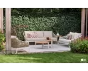 Białokremowy zestaw wypoczynkowy ogrodowy MILOU z aluminium z technorattanem i dodatkami teakowymi 
