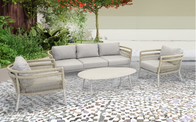 LINDO zestaw ogrodowy wypoczynkowy – sofa 3‑osobowa, fotele, stolik, aluminium beżowyWN / OHIO Stoli