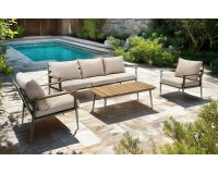 RIGA zestaw ogrodowy wypoczynkowy – aluminium matowa zieleń, poduszki Olefin, stolik teak