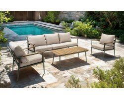 RIGA zestaw ogrodowy wypoczynkowy – aluminium matowa zieleń, poduszki Olefin, stolik teak