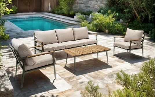 RIGA zestaw ogrodowy wypoczynkowy – aluminium matowa zieleń, poduszki Olefin, stolik teak