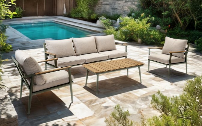 RIGA zestaw ogrodowy wypoczynkowy – aluminium matowa zieleń, poduszki Olefin, stolik teak