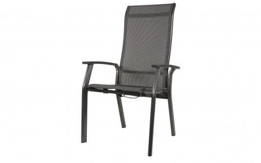 Ciemnoszare, aluminiowe krzesło ogrodowe z wysokim i pochylonym płynnie oparciem MOJITO II