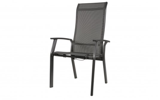 Ciemnoszare, aluminiowe krzesło ogrodowe z wysokim i pochylonym płynnie oparciem MOJITO II