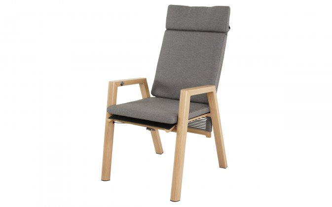 ACARI krzesło ogrodowe wysokie pochylone oparcie aluminium woodlook tekstylina poduszki olefin