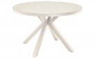 Beżowy okrągły stół ogrodowy, aluminiowy na 4 nogach z blatem z kamienia spiekanego DAVOS 118 cm