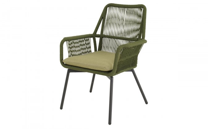 Zielonooliwkowe krzesło ogrodowe SILAS o aluminiowej podstawie z liną polipropylenową siedzisku oparciu z poduszką