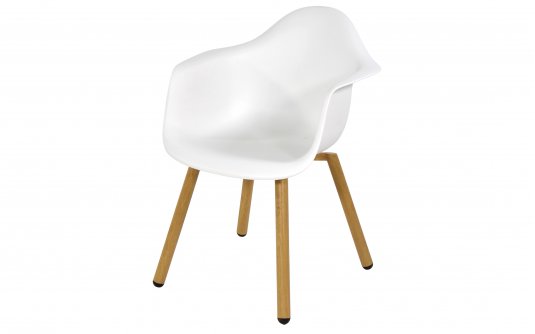 Krzesło ogrodowe z kubełkowym białym siedziskiem MONTREUX z polipropylenu i nogami stal z powłoką woodlook Krzesło ogrodowe z kubełkowym białym siedziskiem MONTREUX z polipropylenu i nogami stal z powłoką woodlook