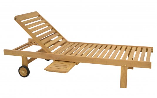 Leżak ogrodowy LOUNG z teaku z kółkami i wysuwanym stoliczkiem bocznym Leżak ogrodowy LOUNG z teaku z kółkami i wysuwanym stoliczkiem bocznym