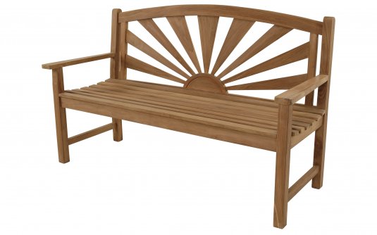 Ławka ogrodowa z motywem na oparciu wschodzącego słońca z teaku SUNBURST