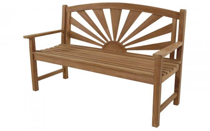 Ławka ogrodowa z motywem na oparciu wschodzącego słońca z teaku SUNBURST