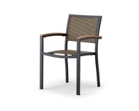 Sztaplowania krzesło aluminiowe ogrodowe z siedziskiem z tekstyliny i podłokietnikami kompozytowym.