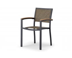 Sztaplowania krzesło aluminiowe ogrodowe z siedziskiem z tekstyliny i podłokietnikami kompozytowym.