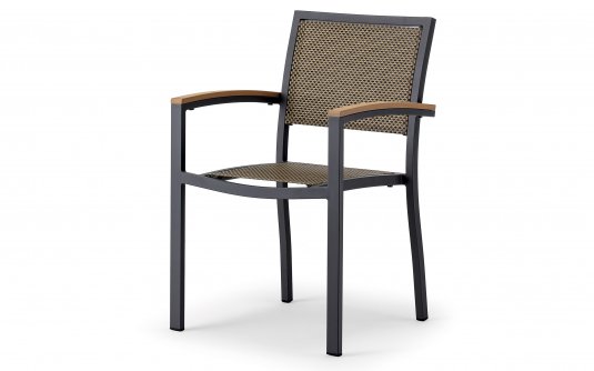 Sztaplowania krzesło aluminiowe ogrodowe z siedziskiem z tekstyliny i podłokietnikami kompozytowym.