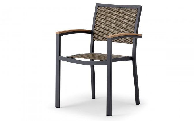 Sztaplowania krzesło aluminiowe ogrodowe z siedziskiem z tekstyliny i podłokietnikami kompozytowym.