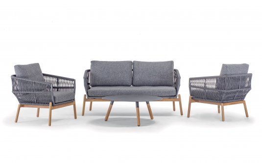 Zestaw ogrodowy ALICANTE sofa 2‑osobowa 2 fotele stolik teak aluminium lina Olefin antracyt 