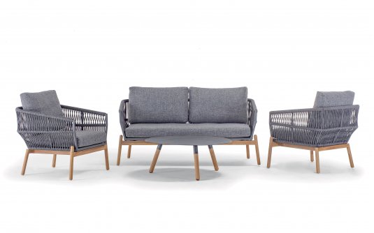 Zestaw ogrodowy ALICANTE sofa 2‑osobowa 2 fotele stolik teak aluminium lina Olefin antracyt Zestaw ogrodowy ALICANTE sofa 2‑osobowa 2 fotele stolik teak aluminium lina Olefin antracyt