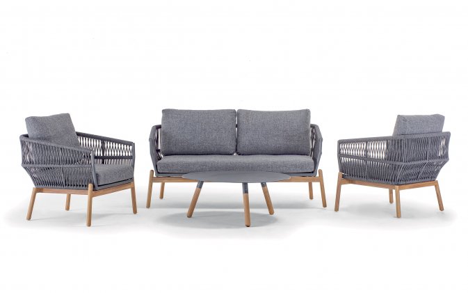 Zestaw ogrodowy ALICANTE sofa 2‑osobowa 2 fotele stolik teak aluminium lina Olefin antracyt 