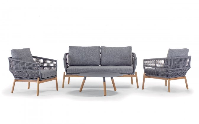 Zestaw ogrodowy ALICANTE sofa 2‑osobowa 2 fotele stolik teak aluminium lina Olefin antracyt 