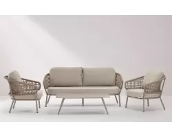 Meble ogrodowe wypoczynkowe z sofą, 2 fotelami i stolikiem w kolorze beżowym Atol