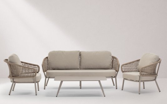 Meble ogrodowe wypoczynkowe z sofą, 2 fotelami i stolikiem w kolorze beżowym Atol