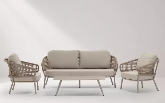 Meble ogrodowe wypoczynkowe z sofą, 2 fotelami i stolikiem w kolorze beżowym Atol