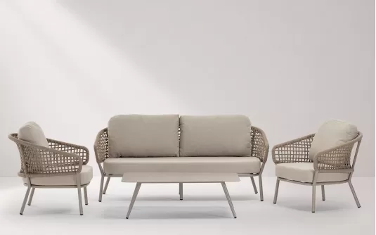 Meble ogrodowe wypoczynkowe z sofą, 2 fotelami i stolikiem w kolorze beżowym Atol