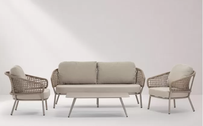 Meble ogrodowe wypoczynkowe z sofą, 2 fotelami i stolikiem w kolorze beżowym Atol