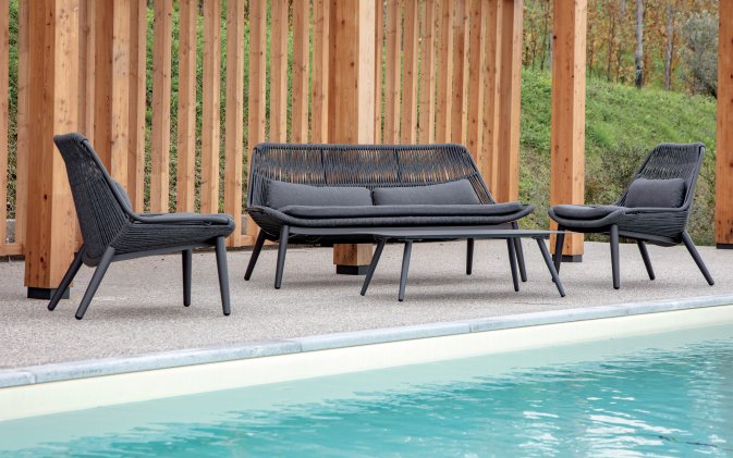 Zestaw wypoczynkowy na taras grafitowy aluminiowy z liną polipropylenową como