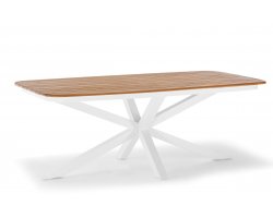 Stół ogrodowy CROSS o krzyżowej podstawie białej aluminiowej z blatem teak