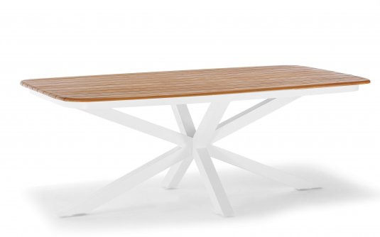 Stół ogrodowy CROSS o krzyżowej podstawie białej aluminiowej z blatem teak