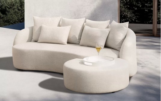 Trzyosobowa sofa ogrodowa tapicerowana jasnobeżowa luksusowa COSY Trzyosobowa sofa ogrodowa tapicerowana jasnobeżowa luksusowa COSY