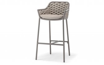 Beżowy stołek barowy ogrodowy z siedziskiem z oplotem z liny olefinowej z gumą