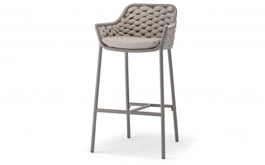 Beżowy stołek barowy ogrodowy z siedziskiem z oplotem z liny olefinowej z gumą