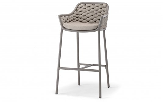 Beżowy stołek barowy ogrodowy z siedziskiem z oplotem z liny olefinowej z gumą