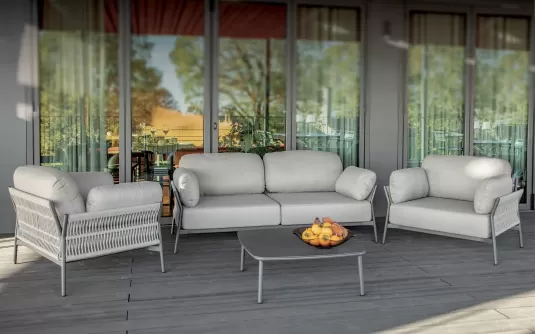 Luksusowy komplet wypoczynkowy EASY na taras aluminiowy z szarymi poduszkami olefin