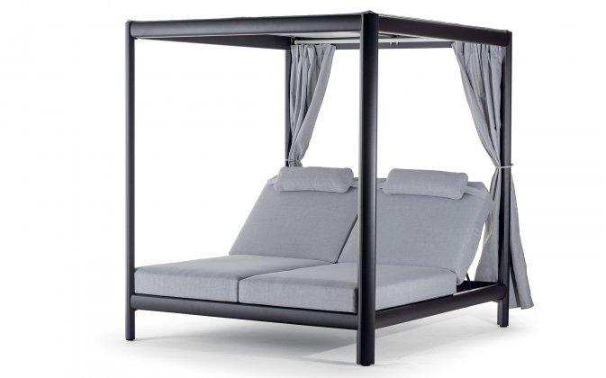 Łóżko ogrodowe antracytowe podwójne z daszkiem z materacami z materiału olefin doha